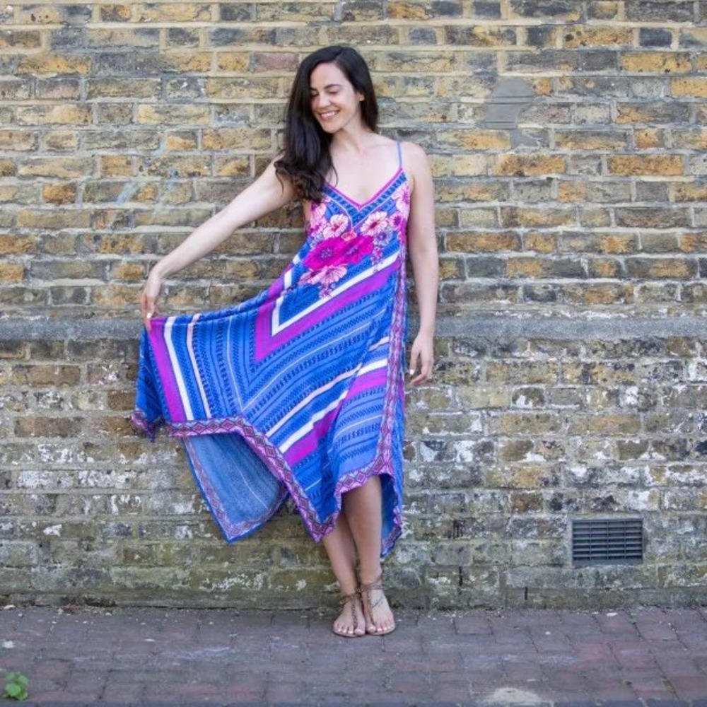 Flying Tomato‎ Women Dress Medium Blue Pink Floral Geometric Handkerchief Hippie